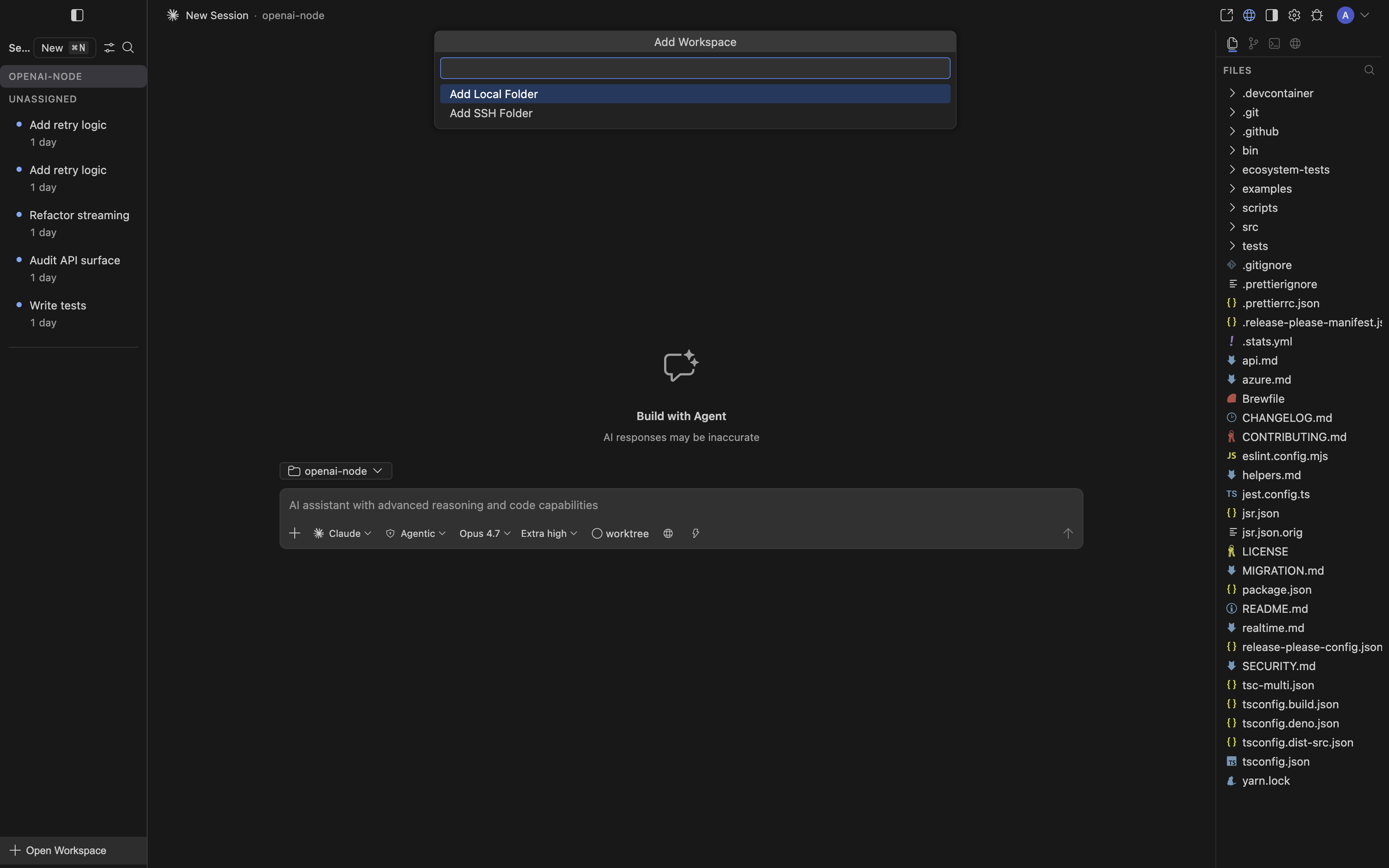 Add Workspace picker — Add Local Folder or Add SSH Folder