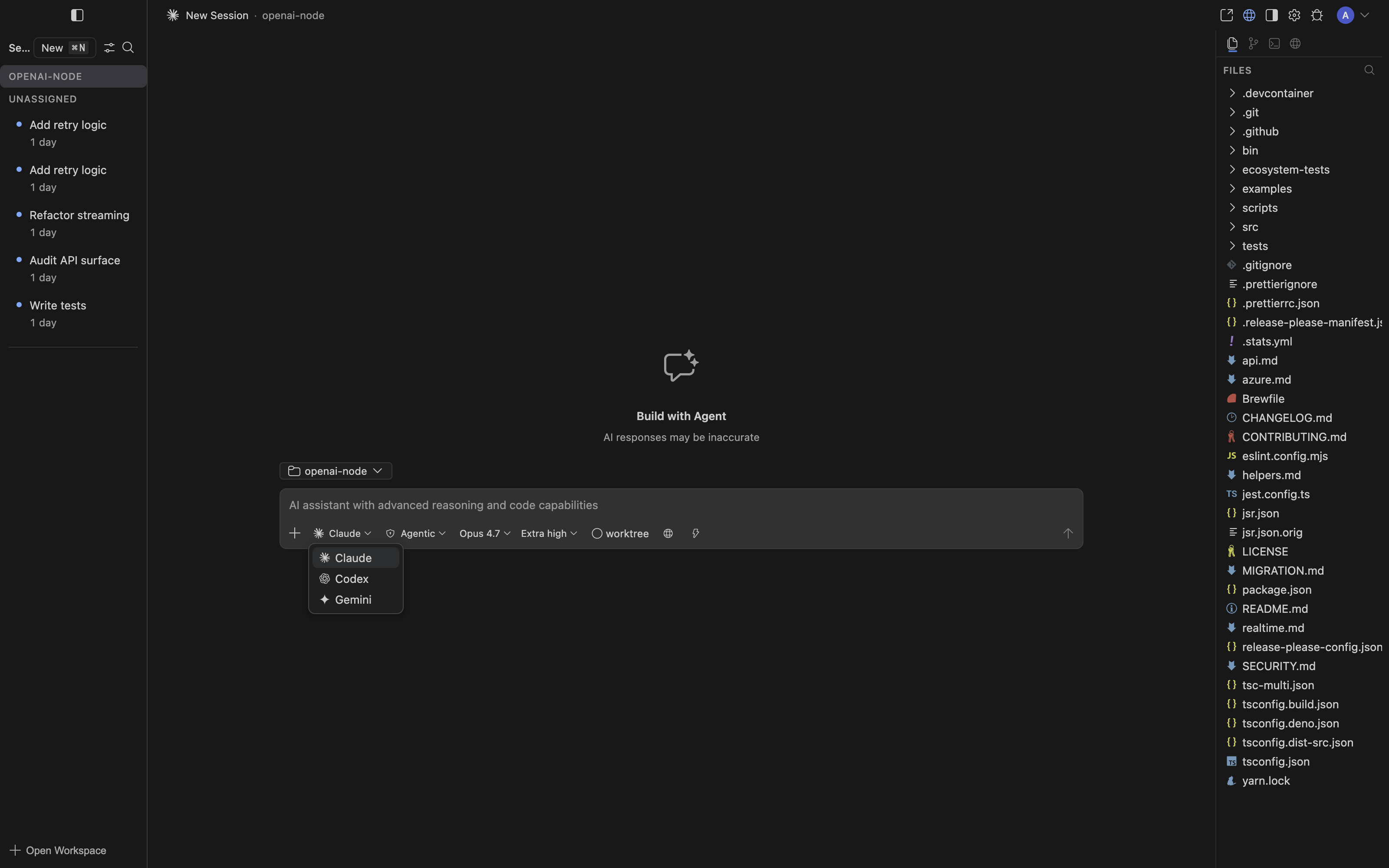 Agent picker dropdown showing Claude, Codex, and Gemini as native options