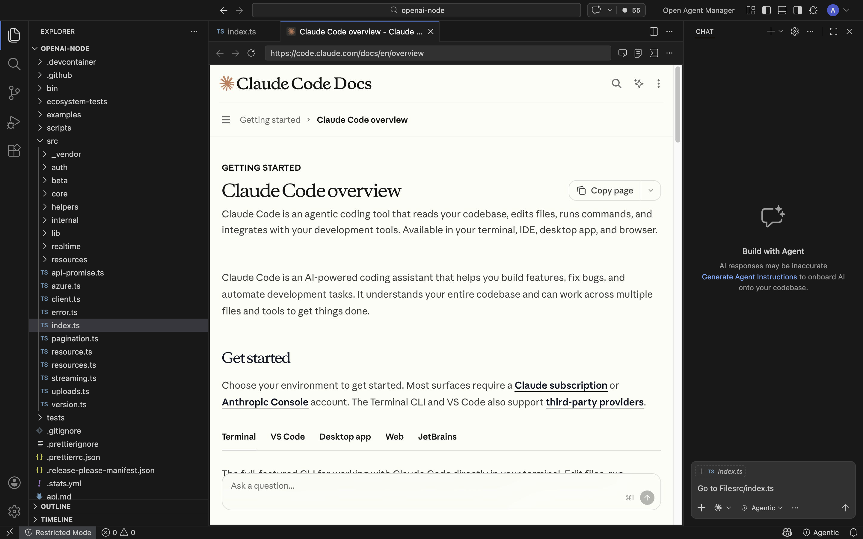 Drift built-in browser viewing Claude documentation alongside the editor