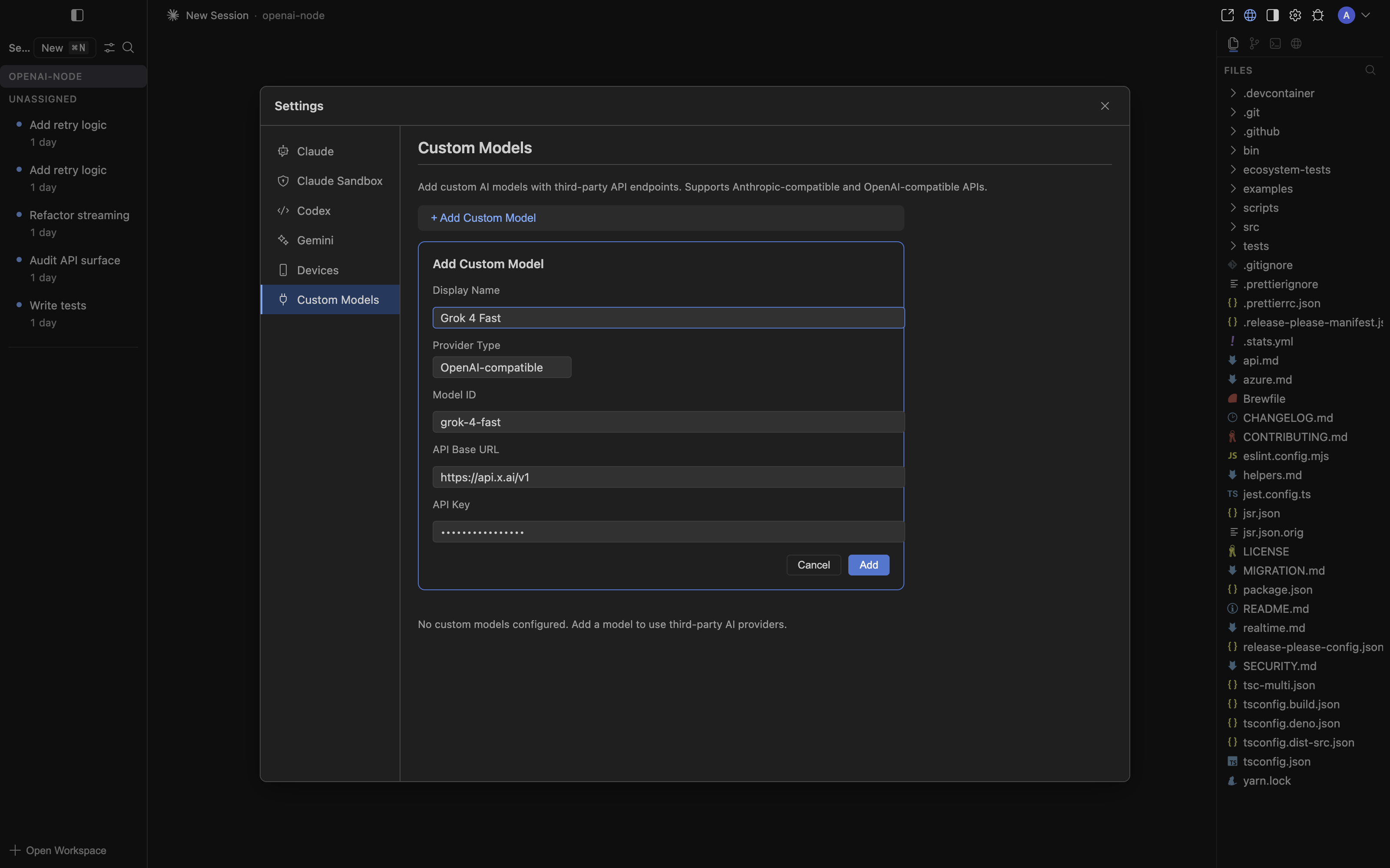 Custom Model dialog — Grok 4 Fast configured against api.x.ai with OpenAI-compatible provider type
