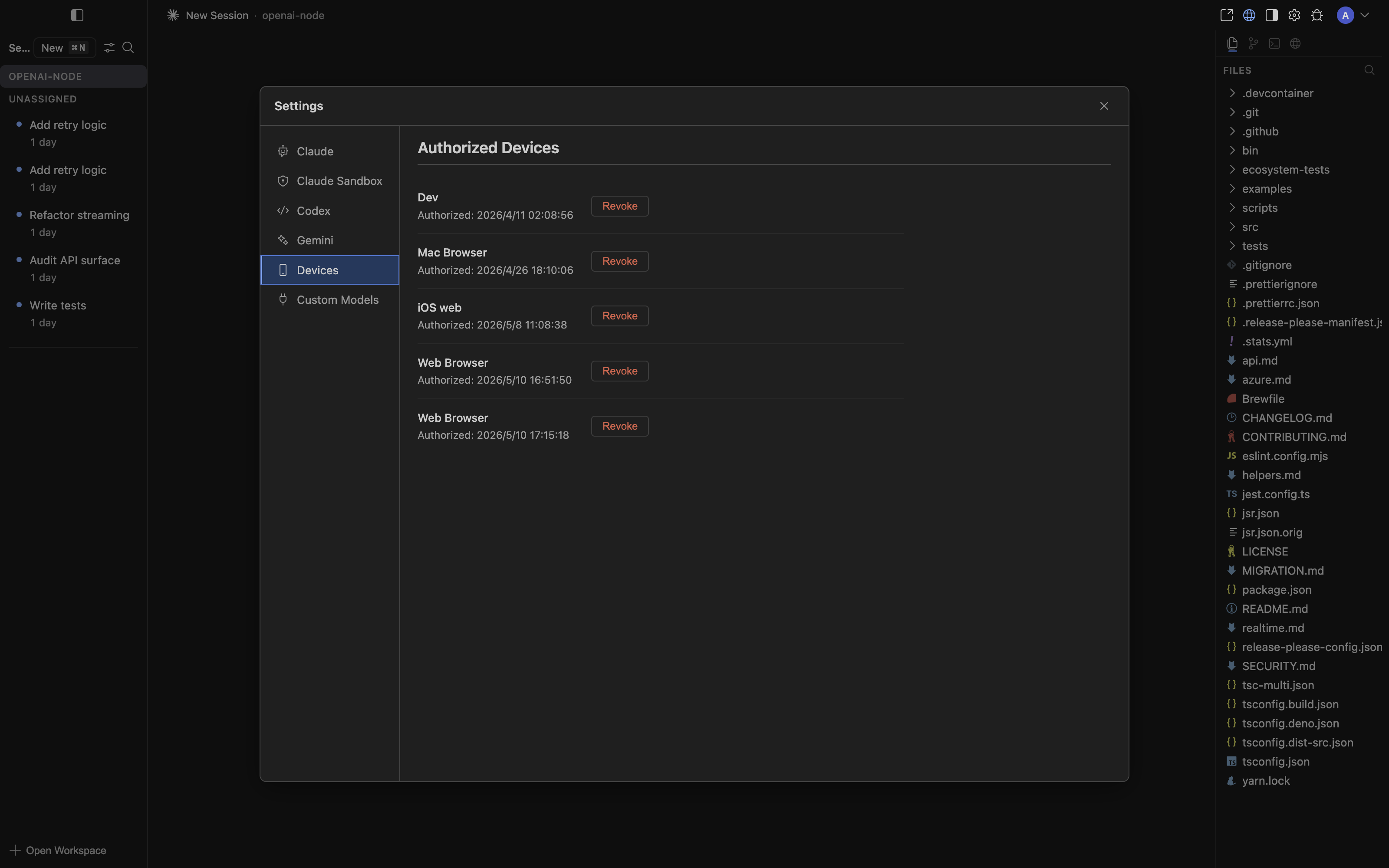 Authorized Devices panel — Mac, iOS web, Web Browser entries with revoke controls