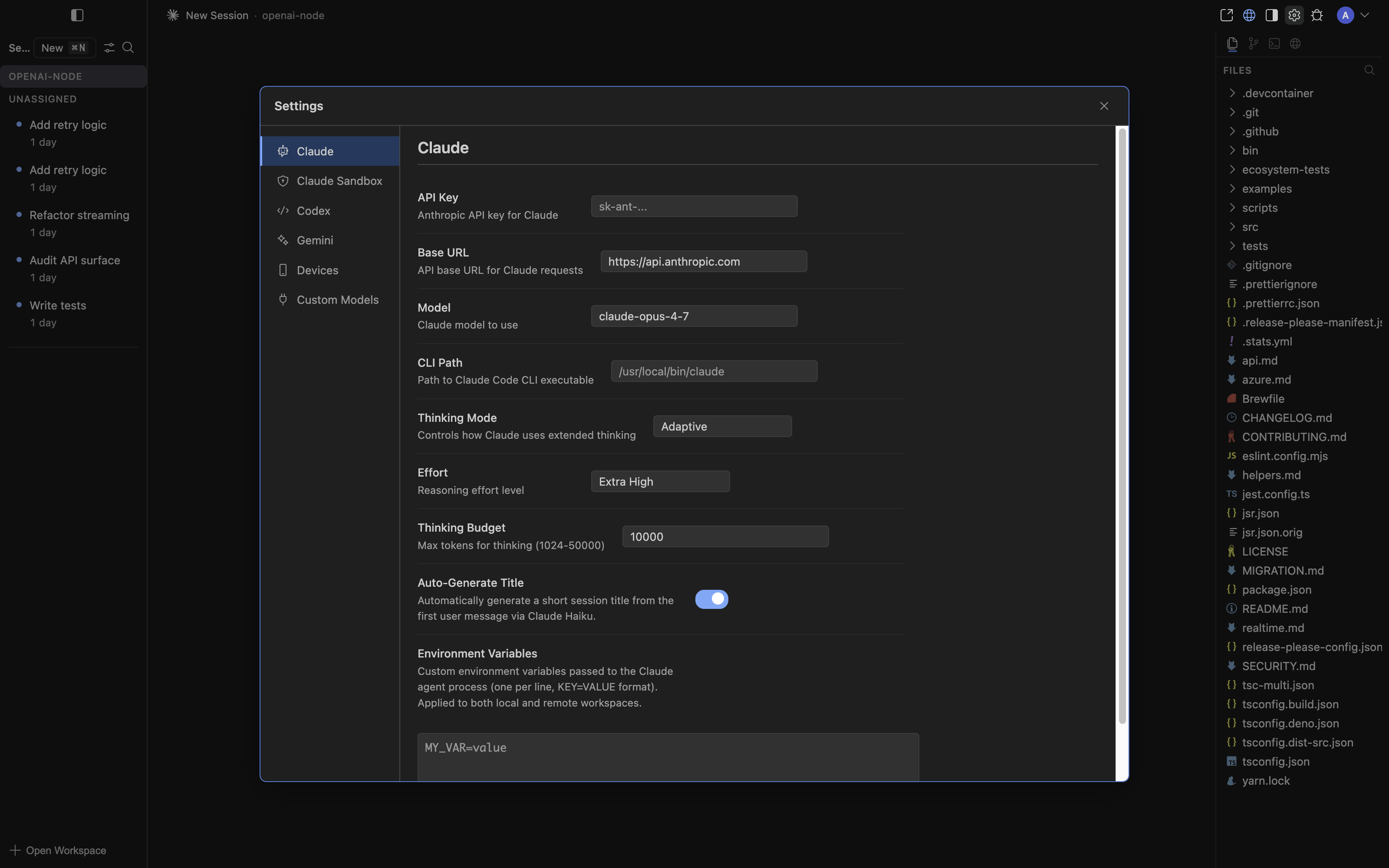 Drift settings dialog showing Claude, Codex, Gemini, Custom Models categories side by side